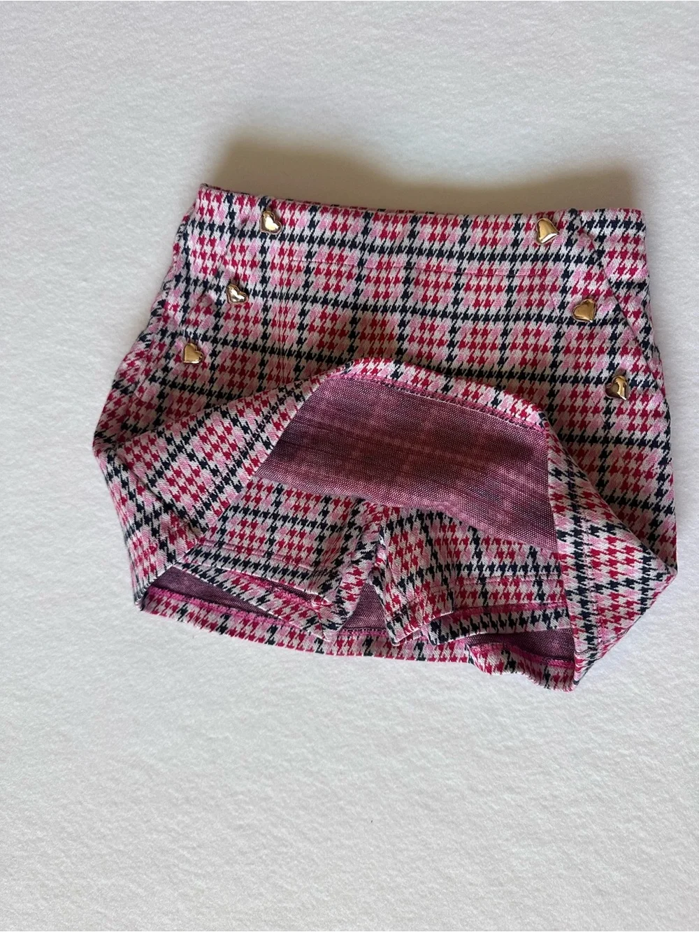 Girls Pink/Red/Navy Preppy Houndstooth Gold Heart Accent Skort size small 6-7